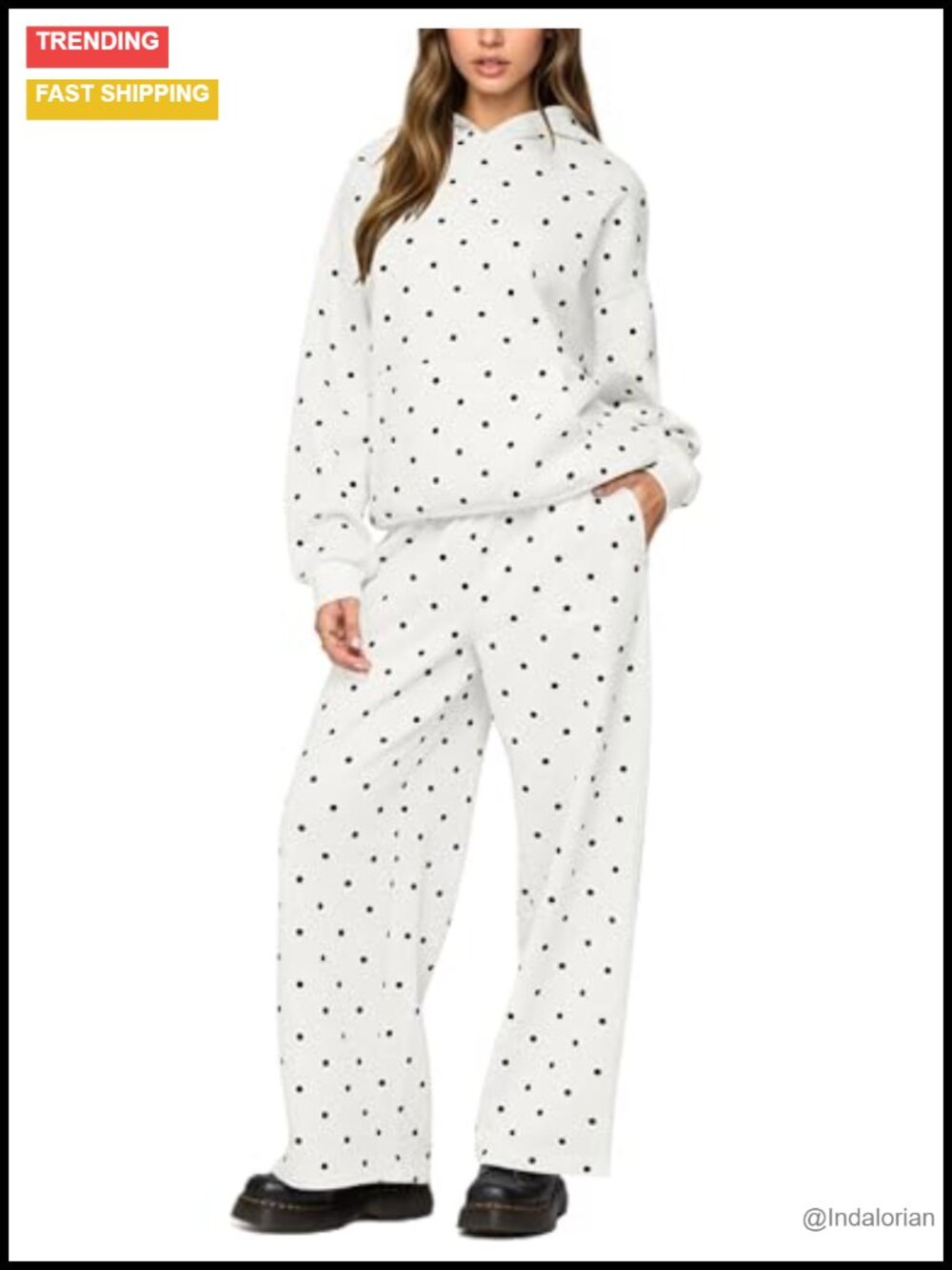 Women's 2 Piece Polka Dot Hoodie & Wide Leg Sweatpants Set with Fleece Lining